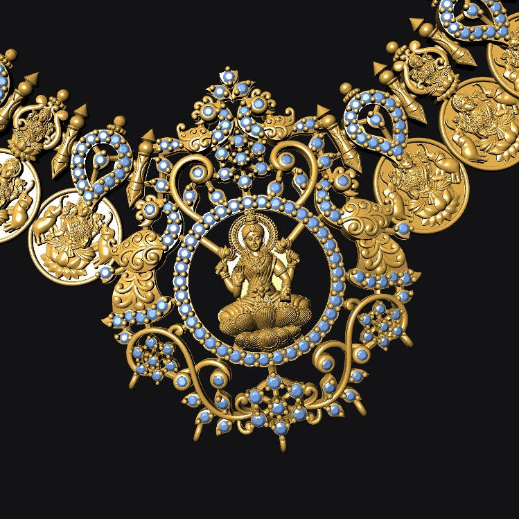 An ornate gold-toned necklace featuring a central deity motif surrounded by small blue stones, with coin-like circular elements along the chain, shown on a solid black background.