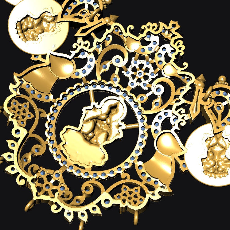 An ornate gold-toned decorative jewelry piece featuring circular white inlays with gold seated figure motifs, set against a solid black background.