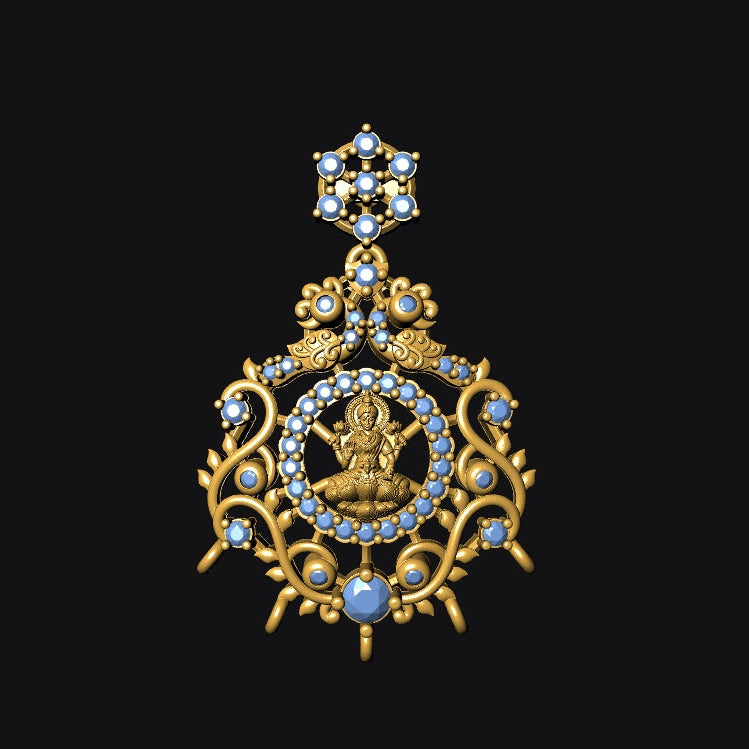 An ornate gold-toned pendant or earring-style jewelry piece with a central deity motif, surrounded by small light blue stones, shown on a black background with partial matching decorative elements visible at the left and right edges.