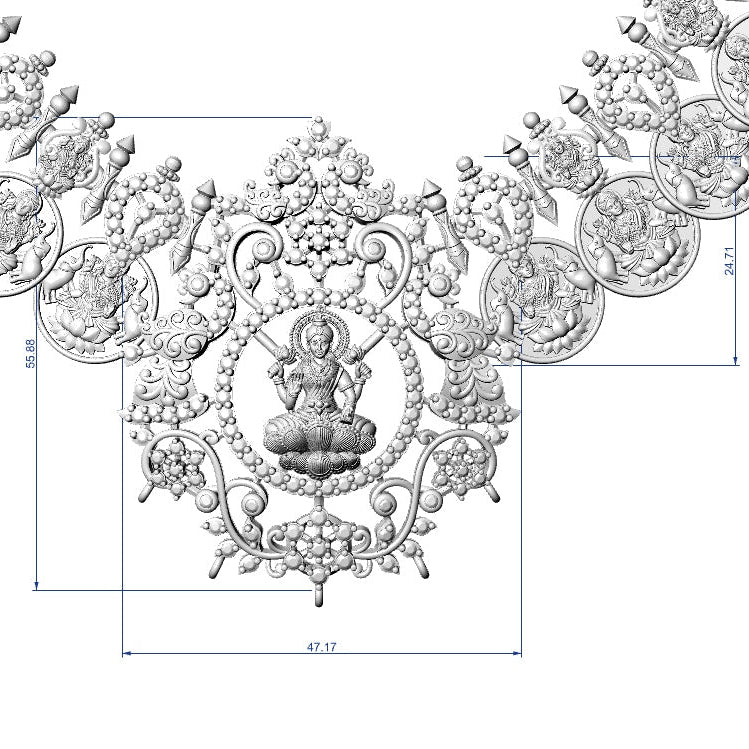 A detailed black and white line drawing of an ornate necklace with a central deity medallion and surrounding floral motifs, overlaid with blue dimension lines and text indicating measurements.