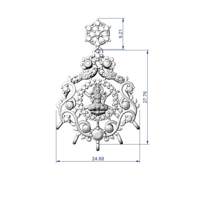 A technical line drawing of an ornate decorative pendant or wall hanging shown on a white background, with dimension arrows and measurements around the center and partial side views along the left and right edges.