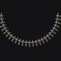 A gold-toned necklace featuring a curved row of round blue gemstones, each flanked by small dangling gold teardrop charms, displayed against a solid black background.