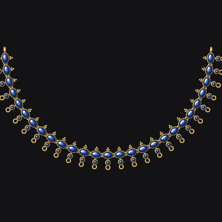 A gold-toned necklace featuring a curved row of round blue gemstones, each flanked by small dangling gold teardrop charms, displayed against a solid black background.