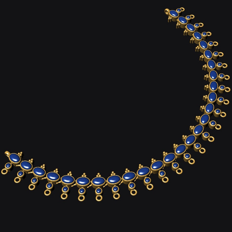 A gold crescent-shaped necklace featuring deep blue oval gemstones and small gold teardrop accents, displayed against a solid black background.