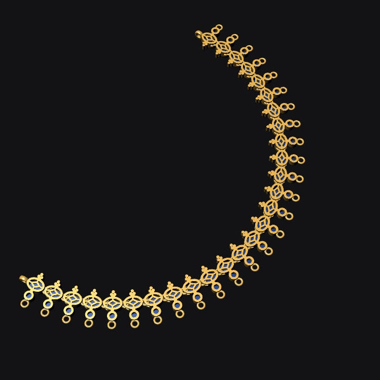 A gold crescent-shaped necklace with intricate circular and looped patterns, displayed against a solid black background.