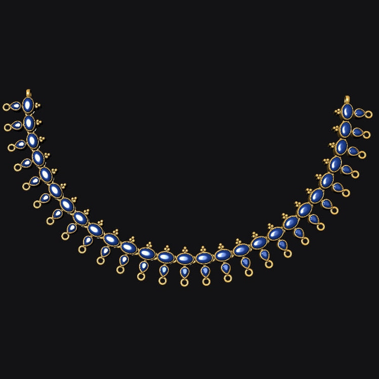 A gold crescent-shaped necklace with blue teardrop-shaped gemstones, displayed against a solid black background.
