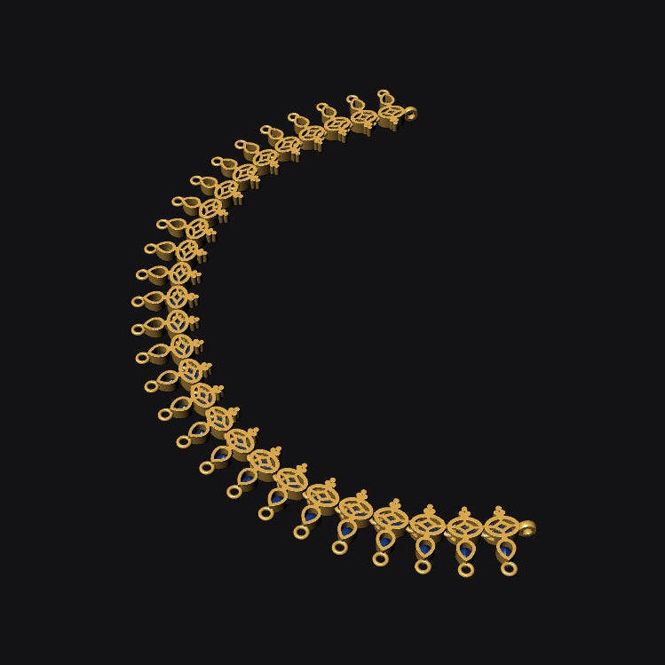 A gold-toned curved chain necklace or bracelet with repeating ornate links, shown on a solid black background.