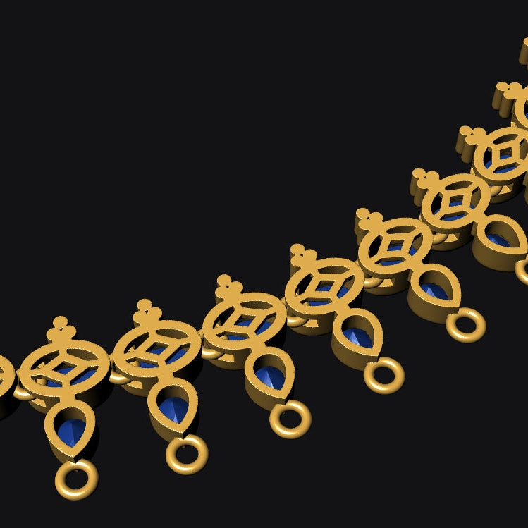 A gold-toned ornate necklace with repeating decorative motifs and blue teardrop-shaped gemstone accents, shown on a dark black background.