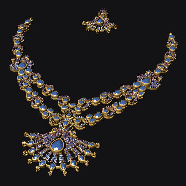 Gold-toned traditional necklace set with a large pendant and matching earrings, decorated with blue stones and small pink gem accents, shown on a black background.