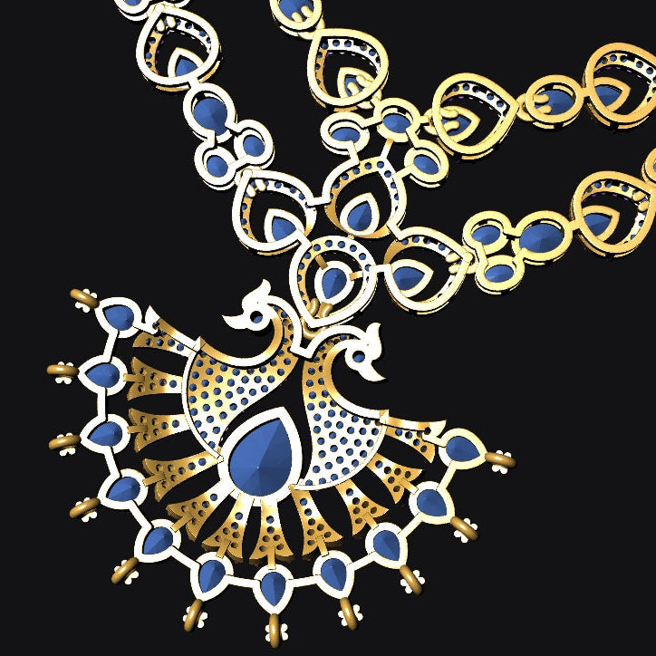 A close-up of a gold and silver-toned peacock pendant necklace with blue gemstone accents, set against a solid black background.