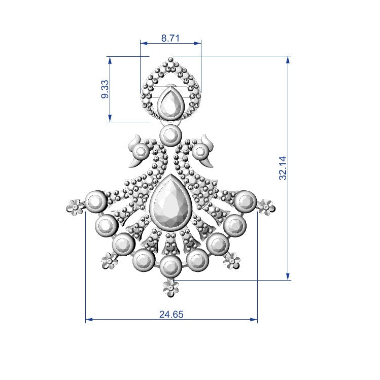 A technical line drawing of an ornate teardrop-shaped jewelry piece with dimension annotations in blue, shown on a plain white background.