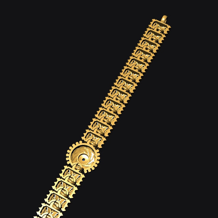 A gold-toned traditional Indian style watch band with intricate geometric patterns and a circular center, shown diagonally on a solid black background.