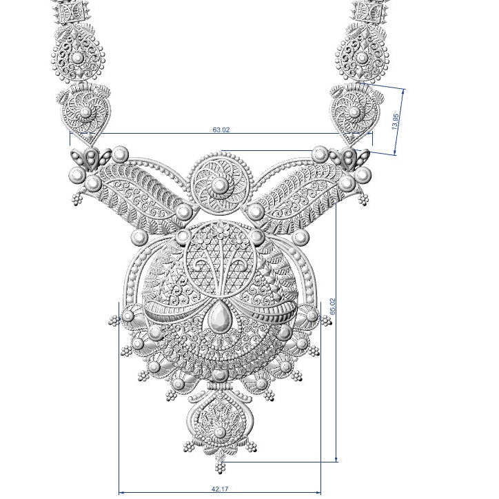 A detailed technical measurement diagram of an ornate silver-toned necklace pendant, showing dimensions in millimeters on a plain white background.