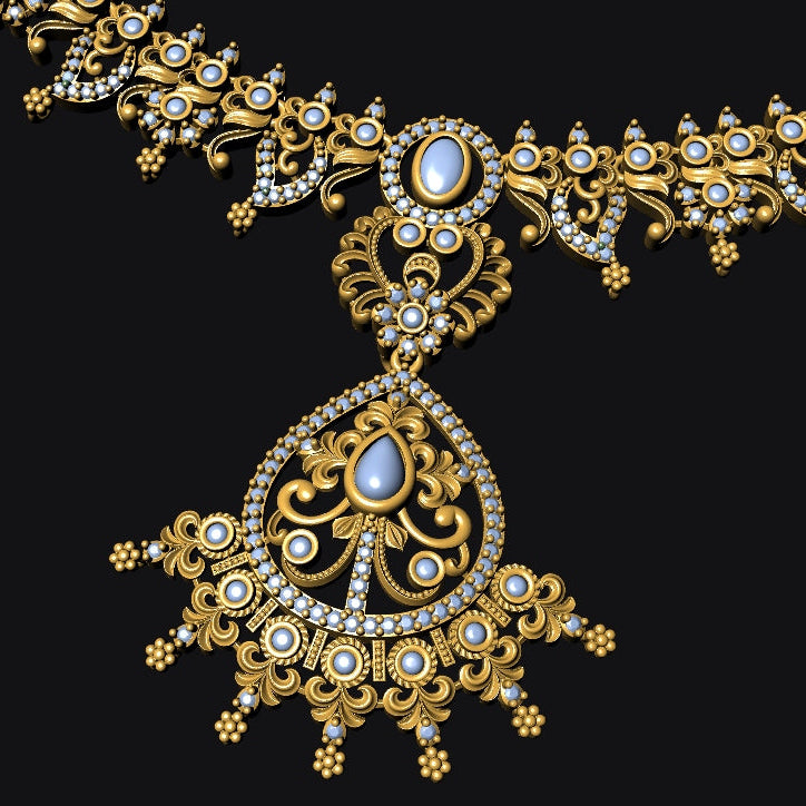 An ornate gold-toned traditional necklace with intricate filigree detailing, small clear stones, and light blue oval gemstones, shown against a solid black background.