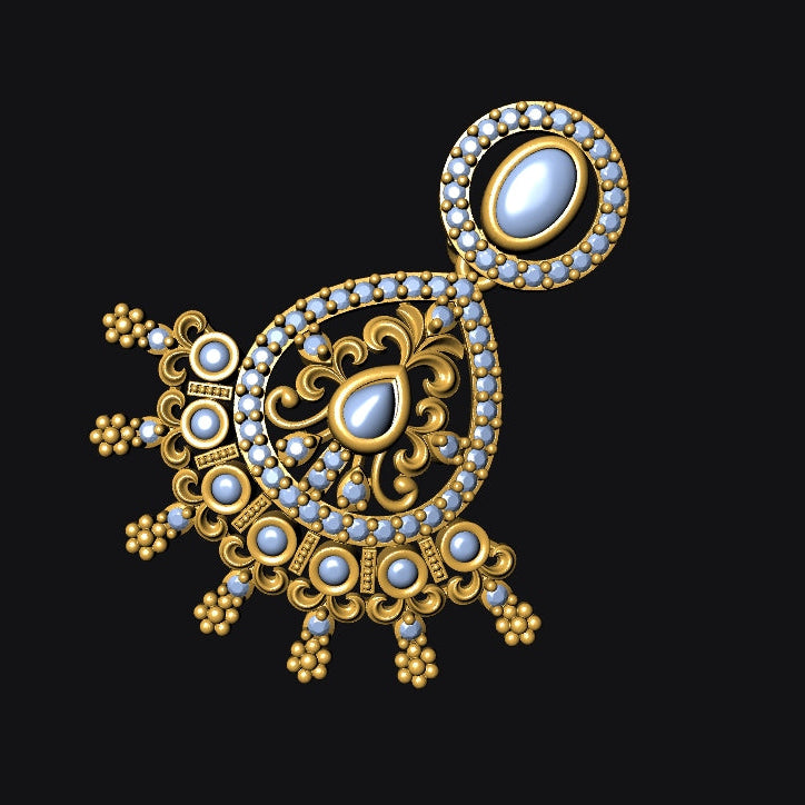 An ornate gold-toned traditional Indian jhumka earring decorated with small clear stones and a central blue stone, shown on a dark background.