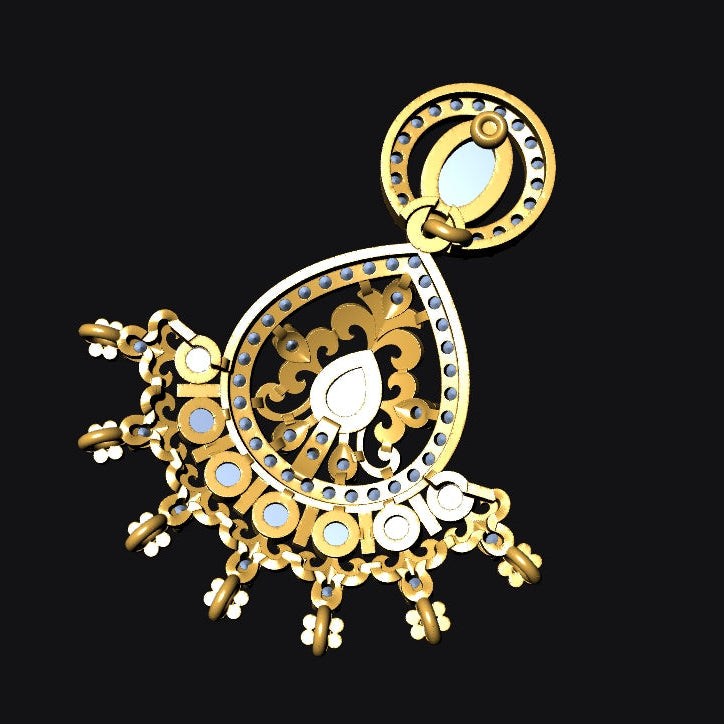A gold-toned ornate pendant or brooch with circular details, small clear stones, and a white central inlay, shown on a solid black background.