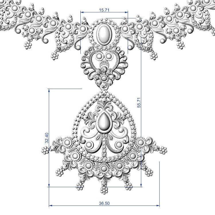 A technical line drawing of an ornate silver-toned pendant necklace or decorative jewelry piece with dimension annotations on a plain white background.