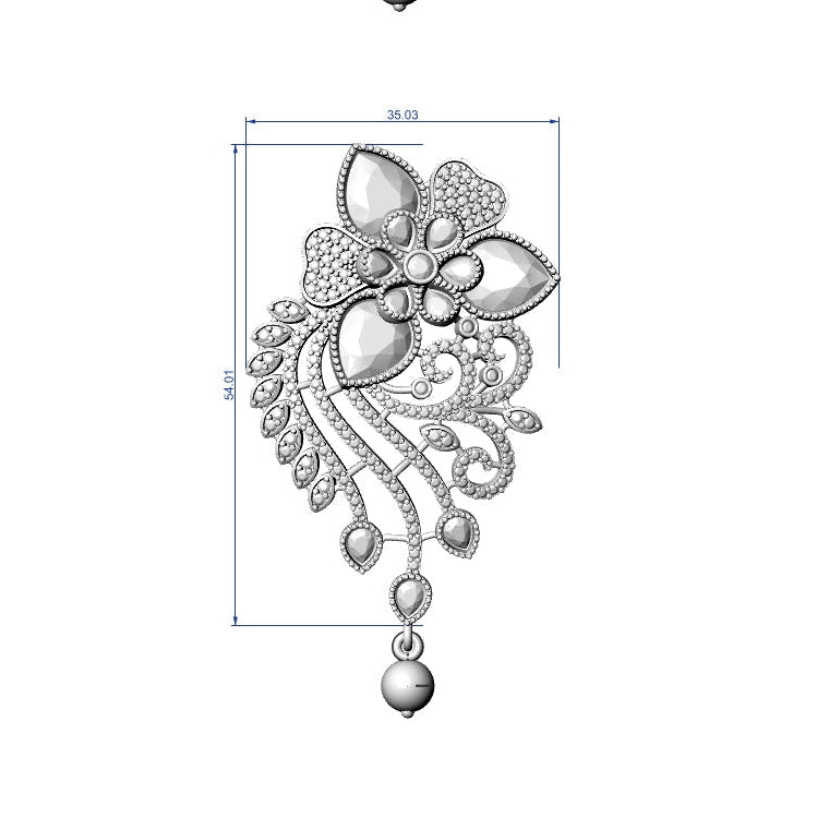 A silver-toned ornate floral and paisley decorative piece shown on a plain white background with blue dimension lines and labels indicating measurements.