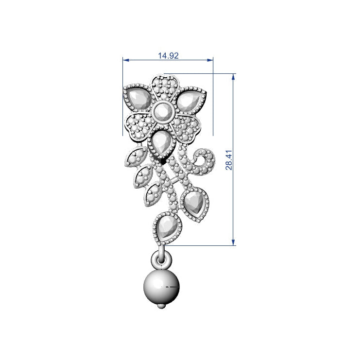 Silver-toned floral drop earring with dimension annotations showing 14.92 mm width, 11.