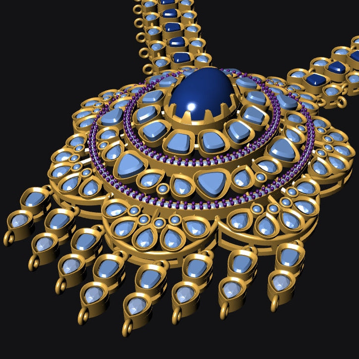 An ornate gold pendant necklace featuring a large central round blue gemstone, surrounded by multiple tiers of teardrop-shaped light blue stones and small purple accent stones, set against a solid black background.