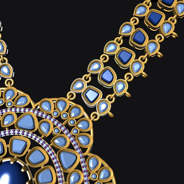 An ornate gold-toned necklace with multiple strands, decorated with light blue teardrop-shaped stones and a large central oval blue stone, shown against a solid black background.