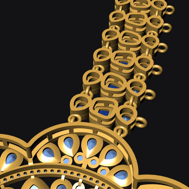 Close-up of an ornate gold-toned jewelry piece with repeating circular links and blue inlaid accents, shown against a solid black background.