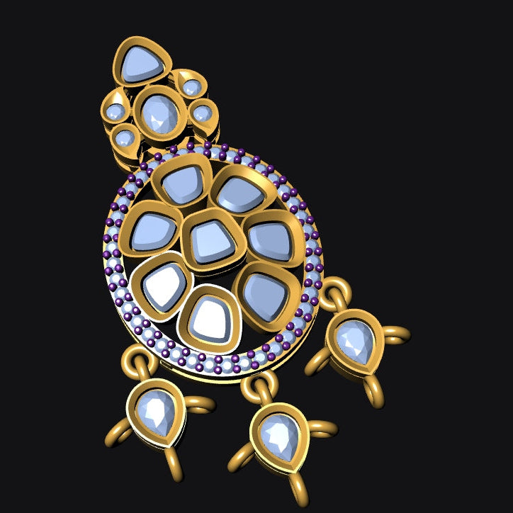 Gold-toned statement earrings featuring light blue teardrop-shaped stones arranged in a circular and floral pattern, accented with small purple stones, shown on a black background.