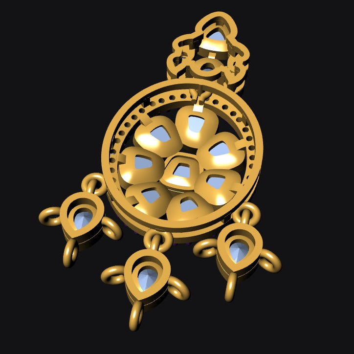 A gold-toned ornate pendant or charm with a circular floral cutout design and three dangling teardrop-shaped elements, shown on a solid black background.