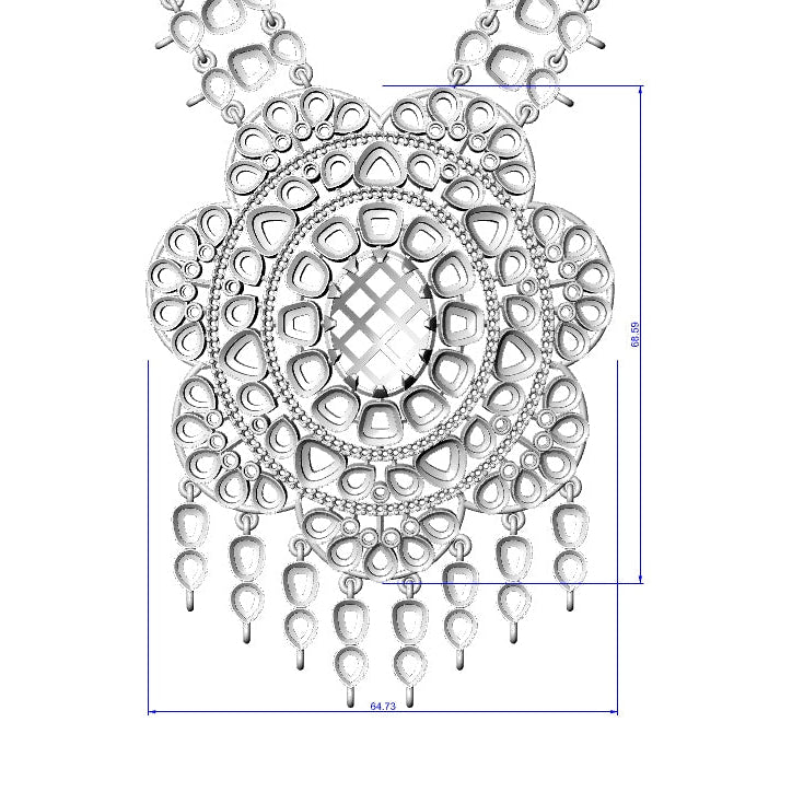 A technical line drawing of an ornate pendant necklace on a white background, with blue dimension lines and labels indicating measurements.