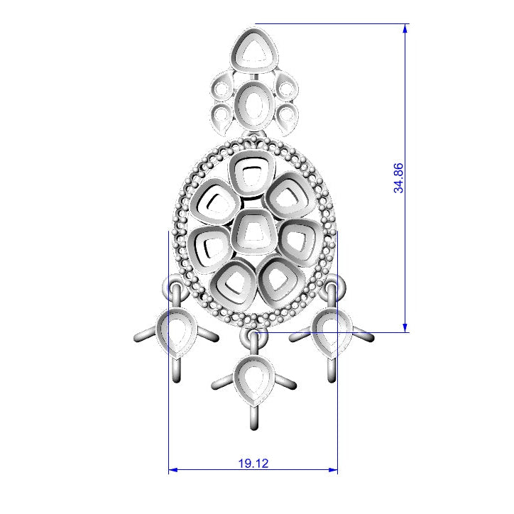 Silver-toned dangle earring with a circular floral mandala design and three dangling teardrop charms, shown with blue measurement lines and dimensions on a white background.