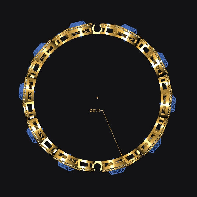 A circular wall clock with a gold-toned metal frame and blue accents, shown against a solid black background.