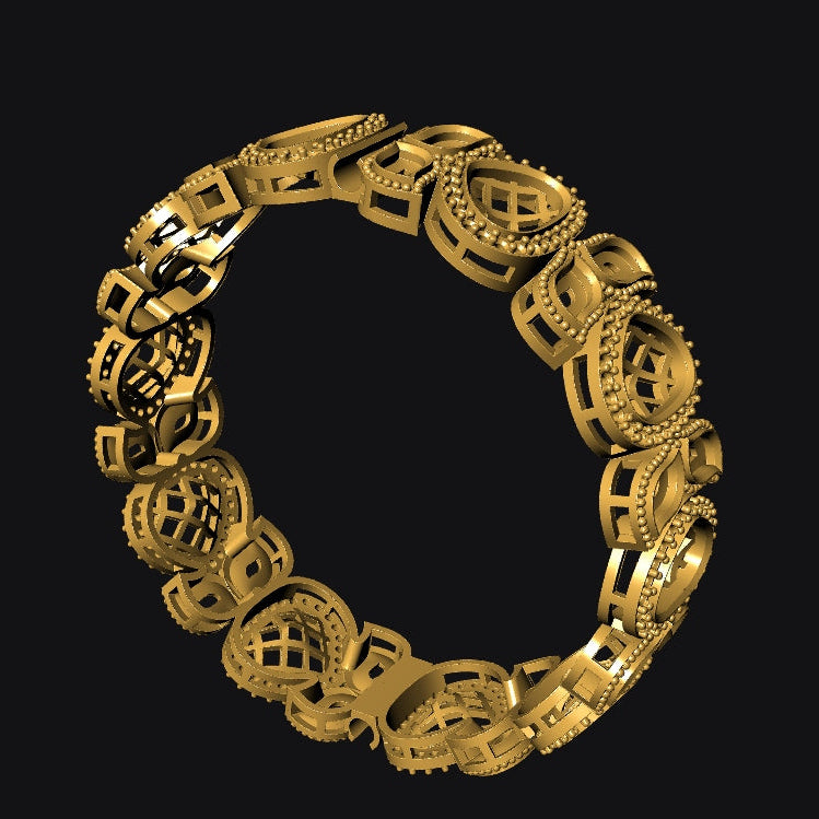 A gold-colored ring composed of interlocking Chinese copper coins, shown floating against a solid black background.