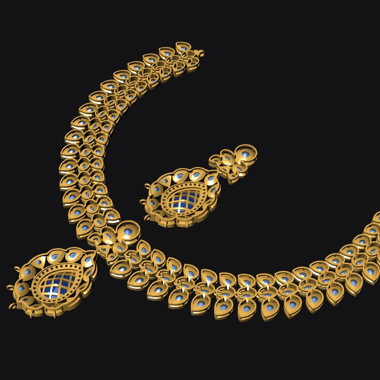 Gold-toned traditional jewelry set featuring a curved necklace and matching earrings with intricate stone detailing, displayed on a solid black background.