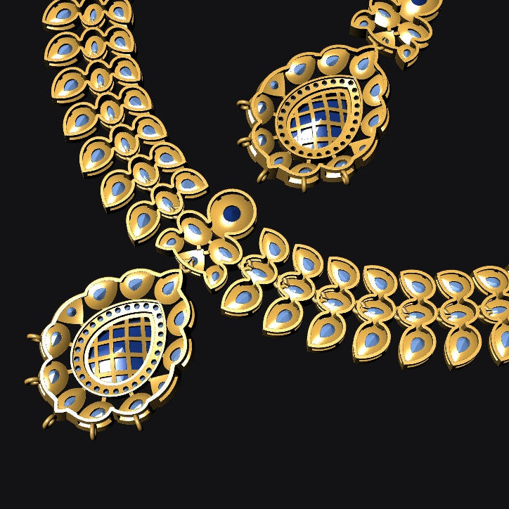 Gold-toned traditional jewelry set featuring a necklace and matching earrings with intricate teardrop-shaped stones and blue enamel detailing, displayed on a solid black background.