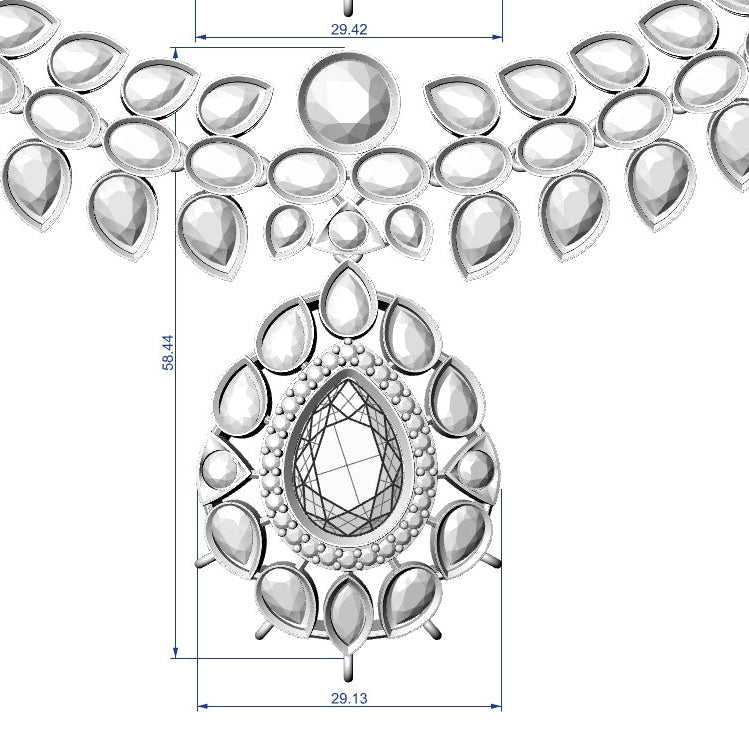 A technical line drawing of a silver-toned teardrop necklace with dimension annotations, shown on a plain white background.