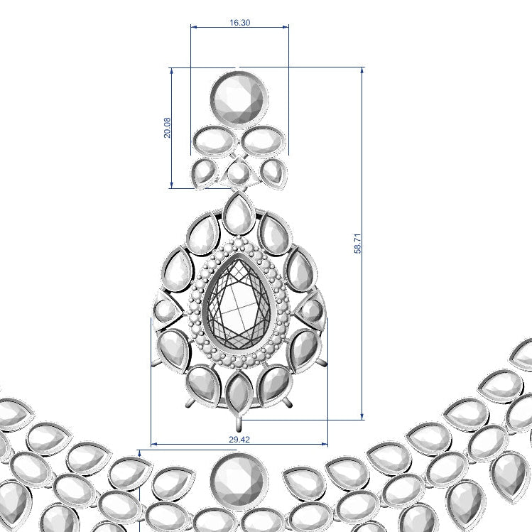 A technical line drawing of a teardrop pendant necklace with dimension annotations, showing the front view of the pendant and the curved chain layout on a white background.