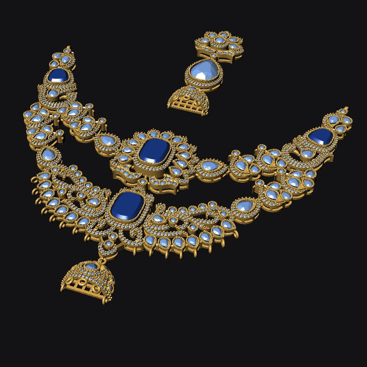 An ornate gold-toned jewelry set featuring a necklace and matching earrings, embellished with multiple round-cut blue gemstones and small clear stones, displayed on a solid black background.