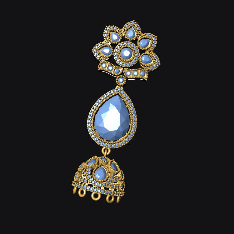 Gold-toned traditional Indian earrings with light blue stones and clear rhinestone embellishments, shown against a solid black background.