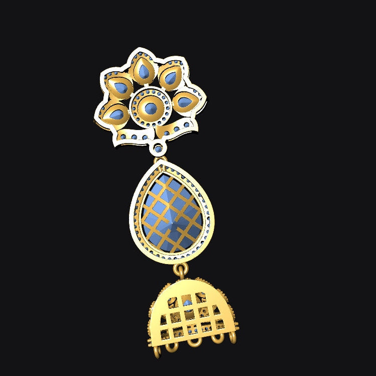 Gold-toned traditional Indian jewelry featuring a teardrop-shaped pendant with a blue and gold checkered pattern, set against a solid black background.