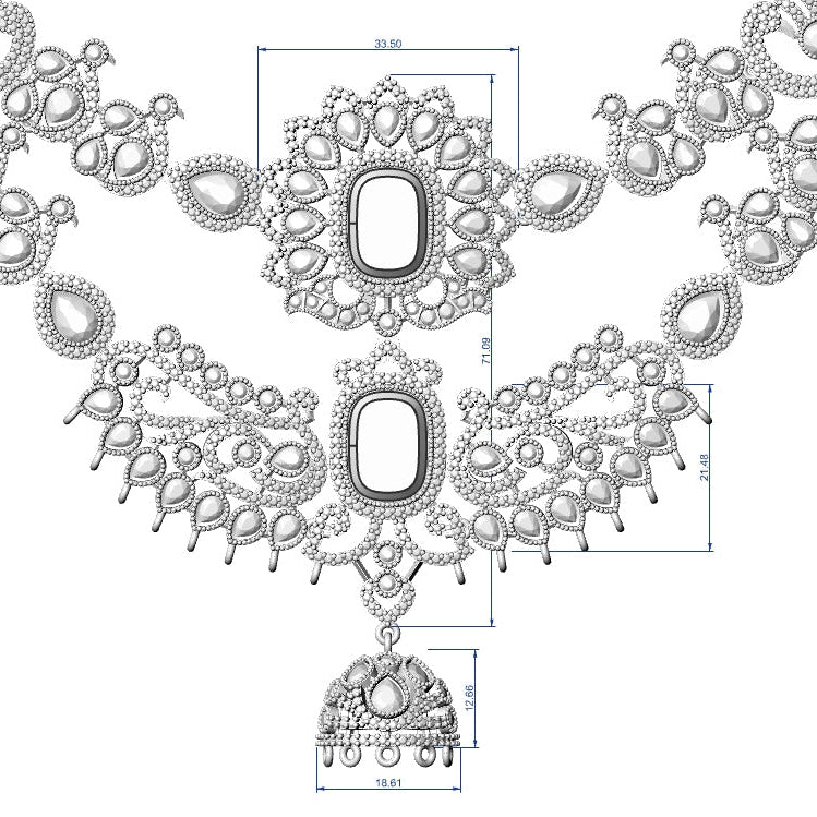 A technical line drawing of an ornate silver-toned necklace with detailed filigree, teardrop motifs, and a large central pendant, shown on a plain white background with measurement annotations.