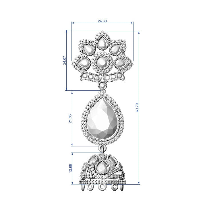 Silver-toned Indian jhumka earrings with a teardrop-shaped stone and ornate filigree details, shown with a central dimension diagram on a white background.
