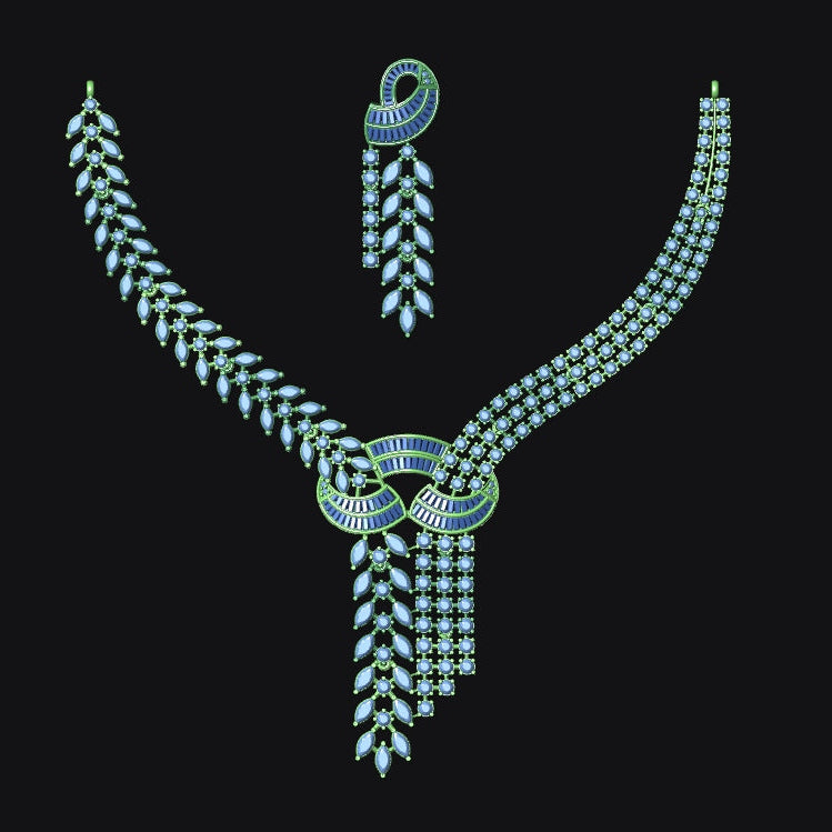 A jewelry set featuring a necklace and matching drop earrings with a geometric, woven pattern in light blue and white, set against a solid black background.