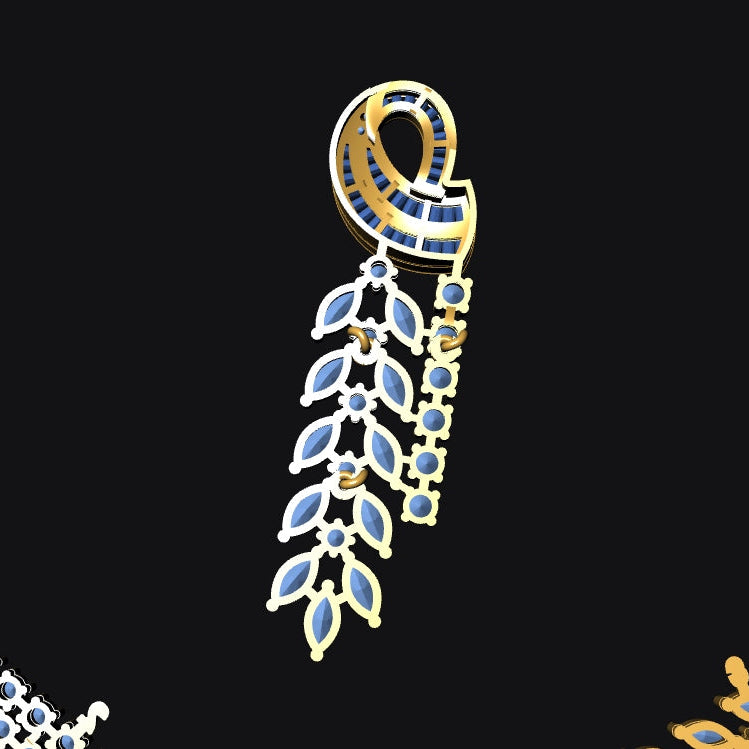 Three gold and blue enamel jewelry pieces displayed on a solid black background: a curved silver-toned chain with blue and white stones on the left, a central gold-toned dangle earring with blue enamel and white stones, and a gold-toned leaf-patterned chain on the right.