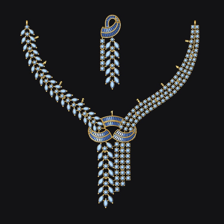 A luxury jewelry set featuring a V-shaped necklace and matching drop earrings, embellished with gold-toned metal, blue enamel, and rows of clear gemstones, set against a solid black background.