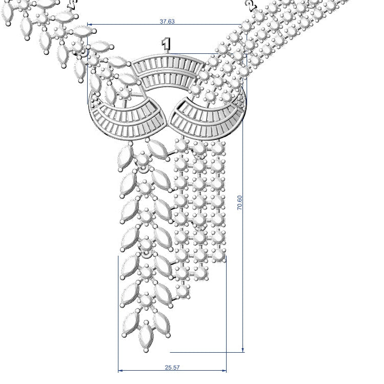 A black and white technical line drawing of a beaded necklace with dimension markings and labels, shown on a plain white background.