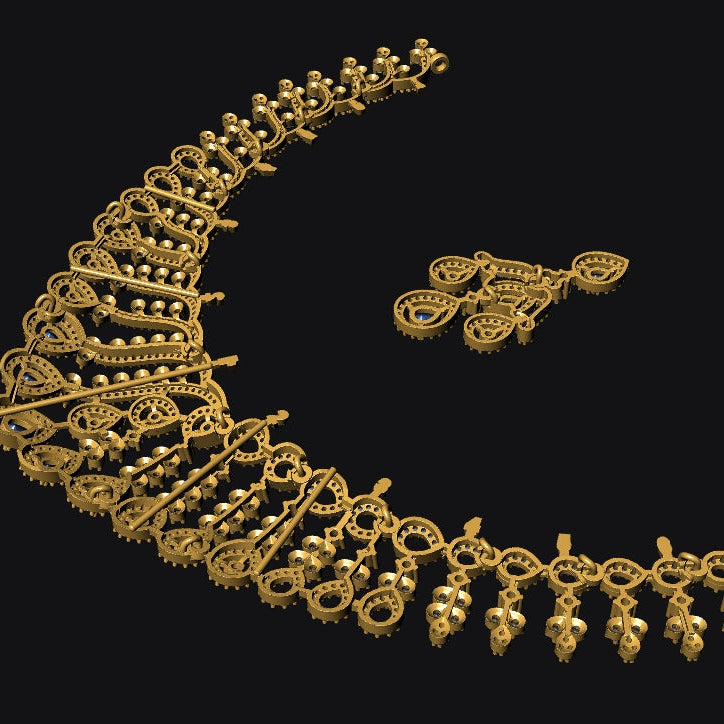 An ornate gold-toned jewelry set displayed on a solid black background, featuring a curved necklace with dangling floral and bead motifs alongside a matching pair of earrings.