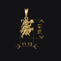 Gold pendant with measurements on a black background