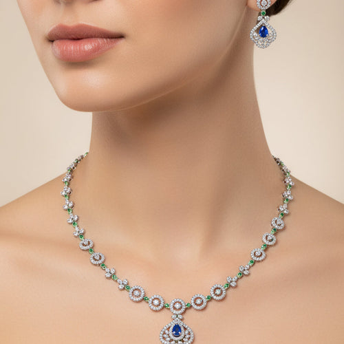 Jewelry set with necklace and earrings on a black background