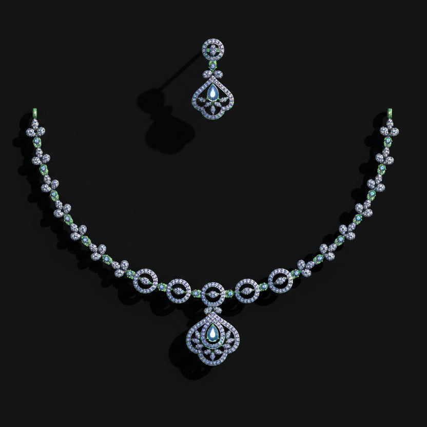 Jewelry set with necklace and earrings on a black background