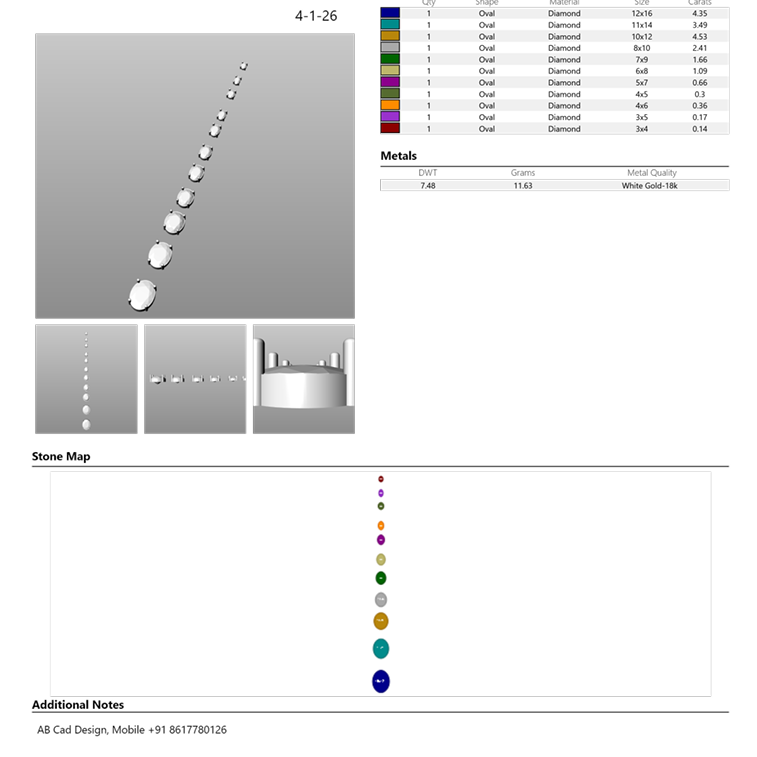 Technical report with stone measurements and color chart on a white background